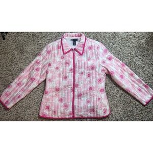 Vintage Carole Little Silk Quilted Jacket XL Pink White Floral Beaded Zip Front